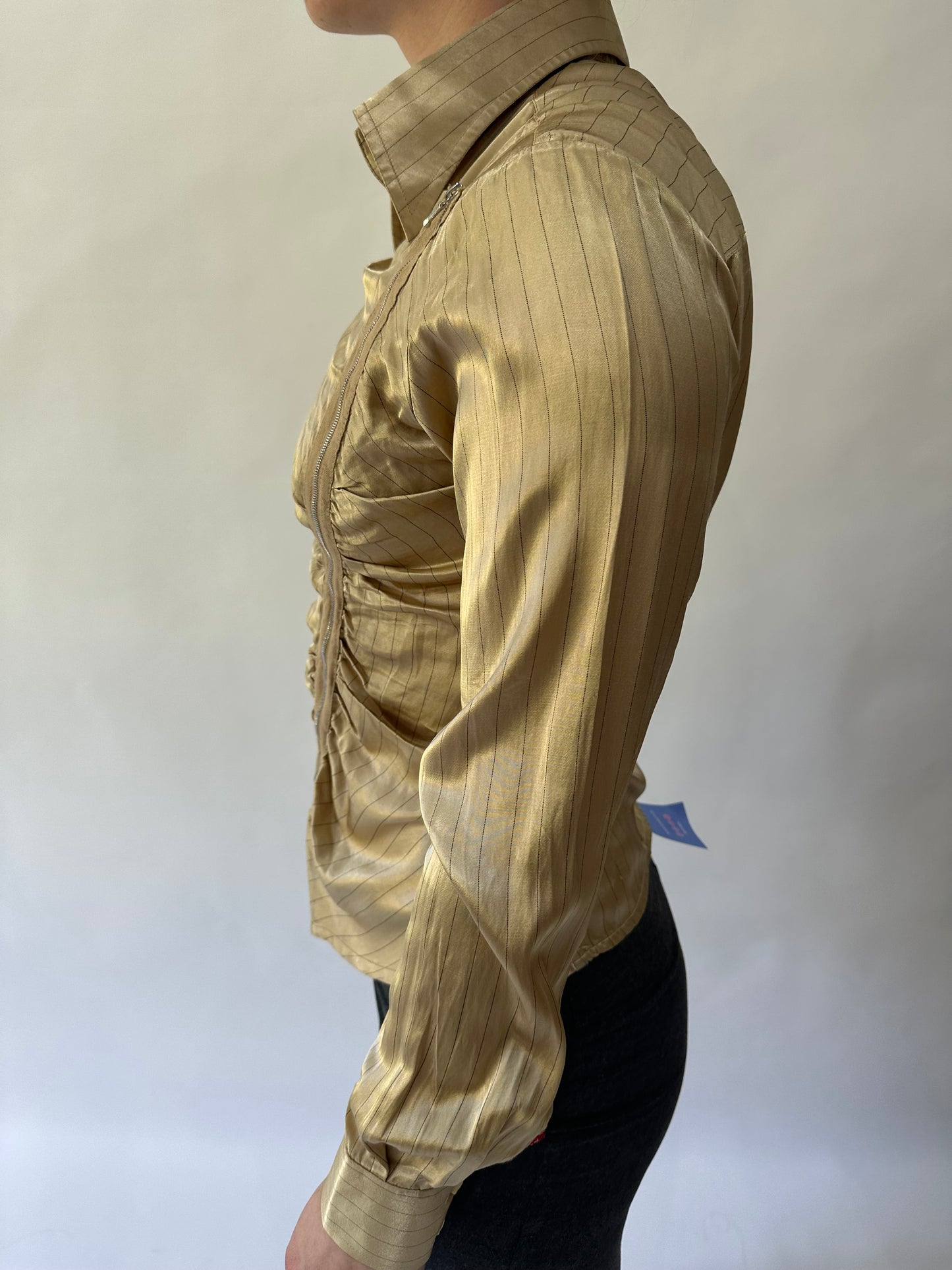 devil wears prada | small/medium gold miss sixty pinstripe fitted top