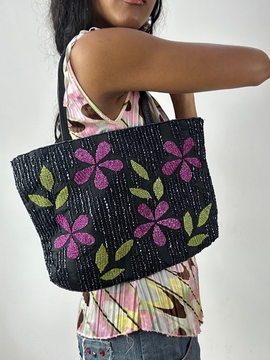 vintage edit twenty-five | black shoulder bag with purple and green beading