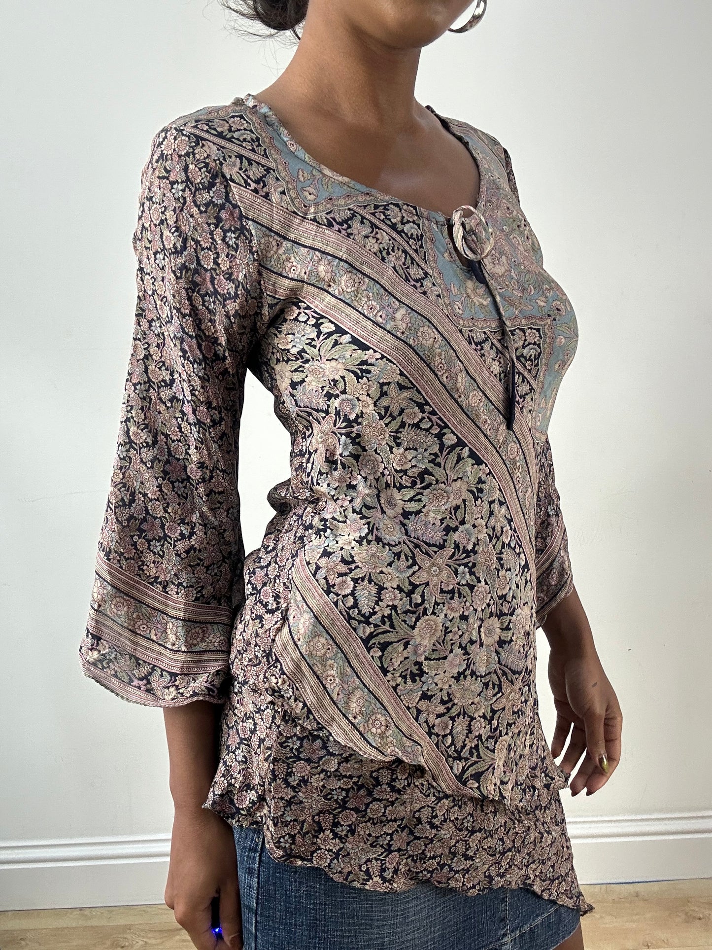 LFW edit | small purple and black asymmetric long sleeve silk top