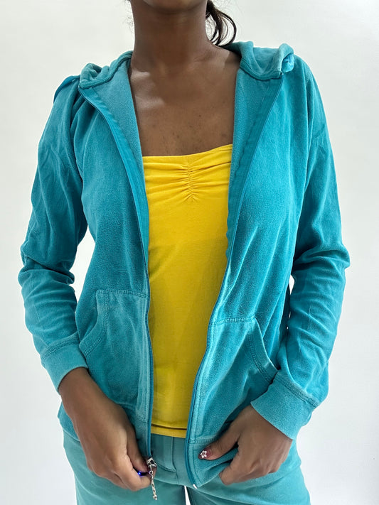 💚zara larsson drop | small blue velour zip up hoodie