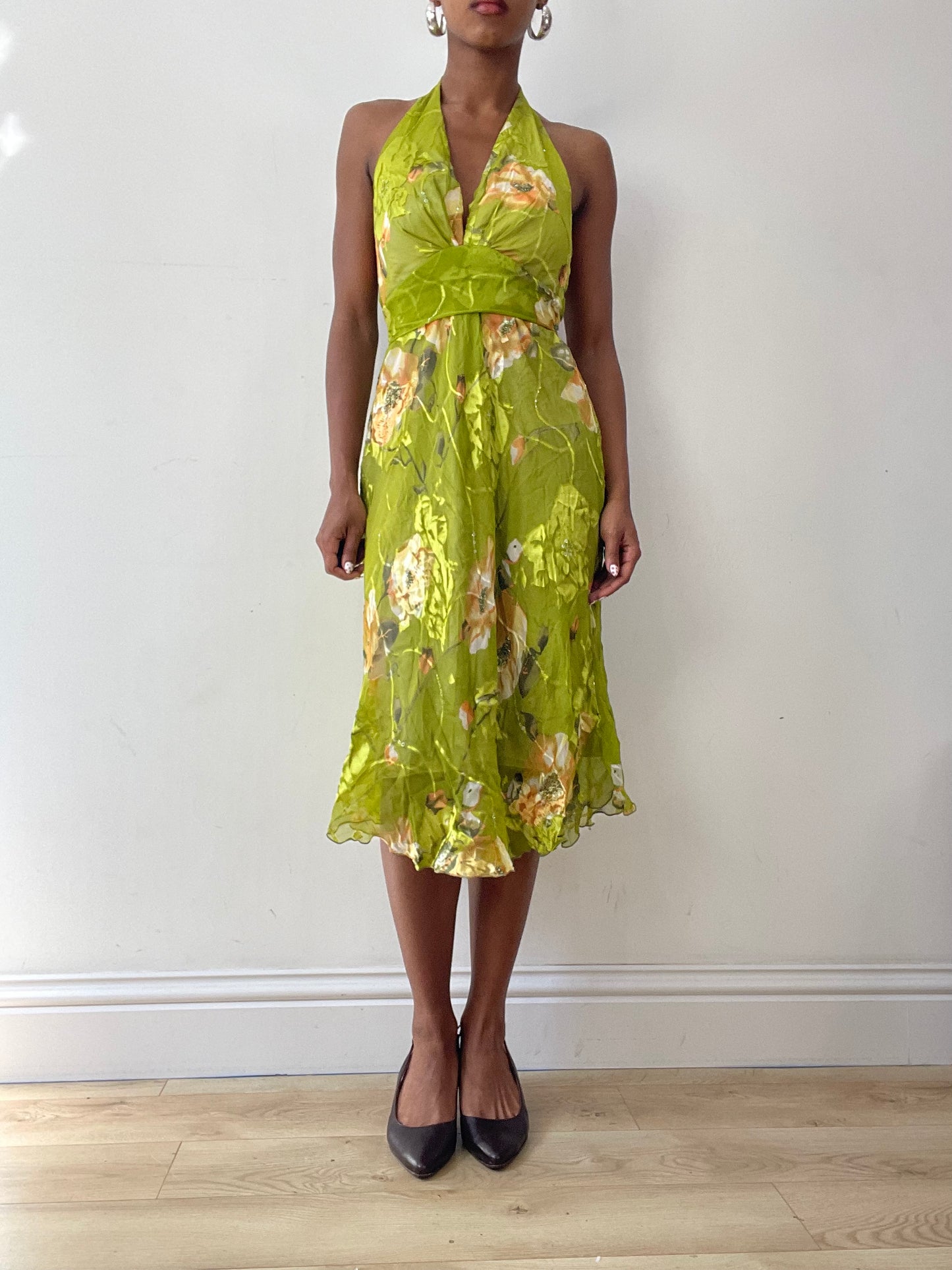 vintage edit twenty-seven | small green iridescent halterneck dress with floral pattern