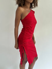 euro trash | small red glitter asymmetrical ruched mini dress