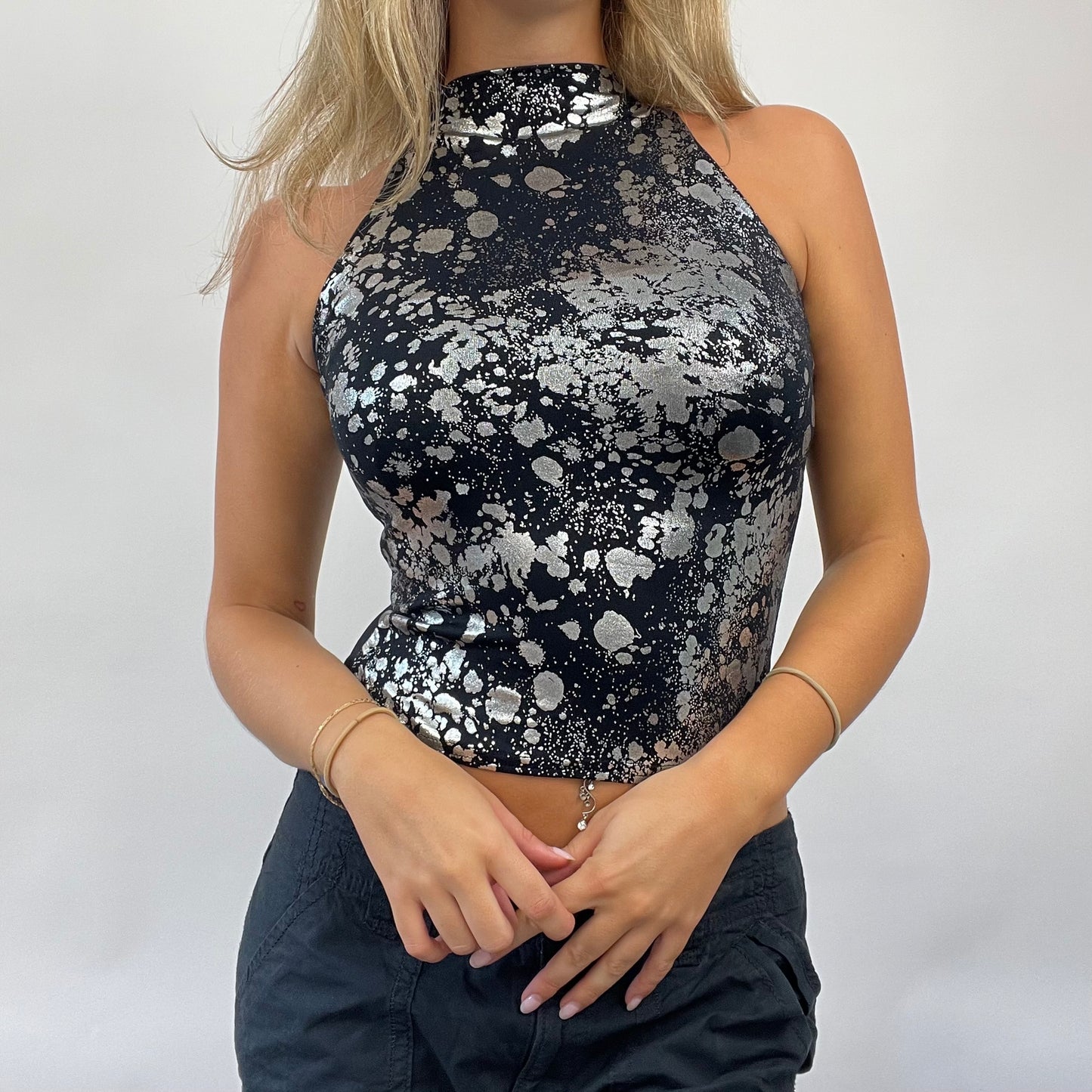 POSH AND BECKS DROP | small black and silver graphic high neck top