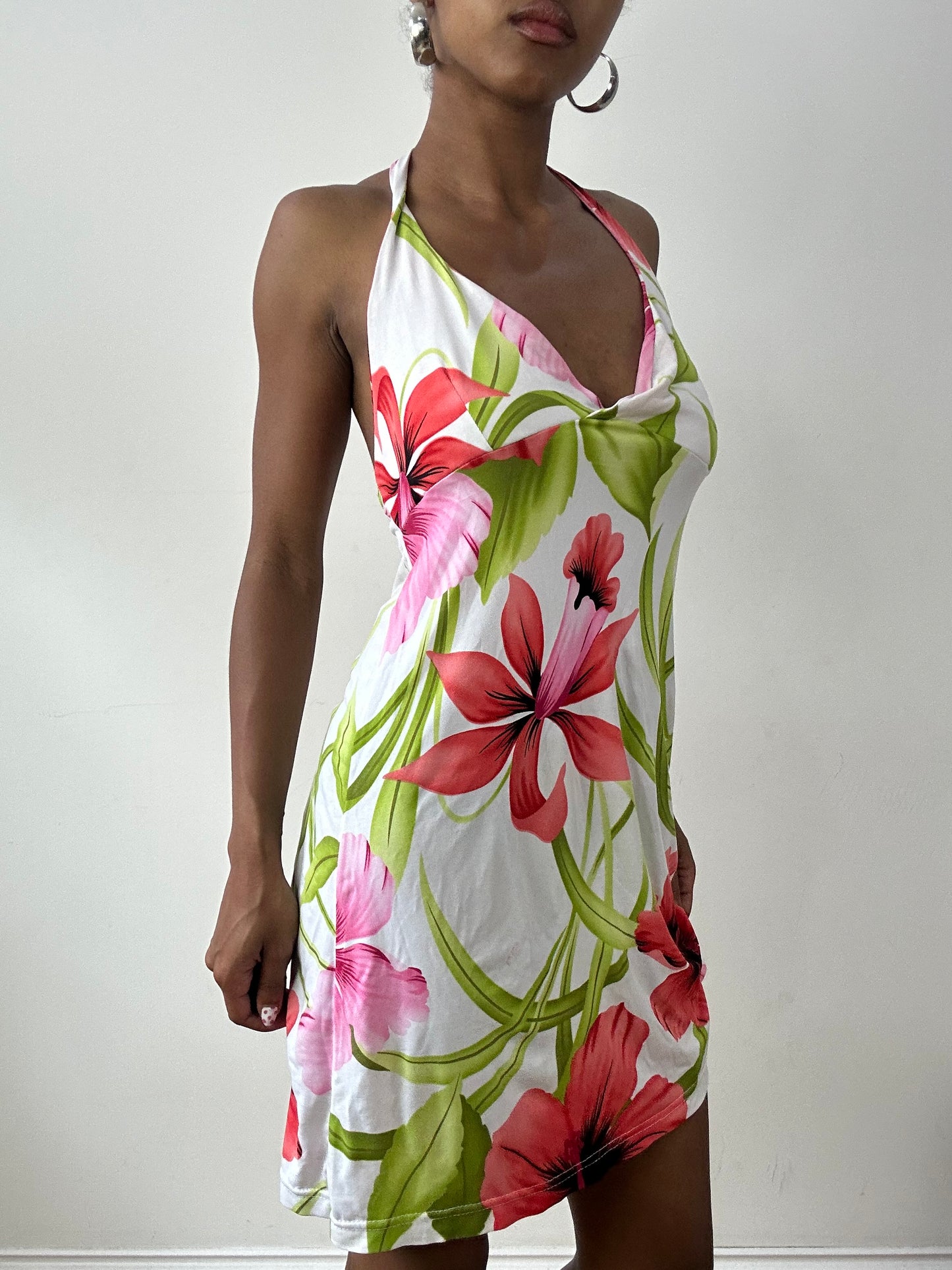 vintage edit twenty-nine | small white halterneck mini dress with floral print