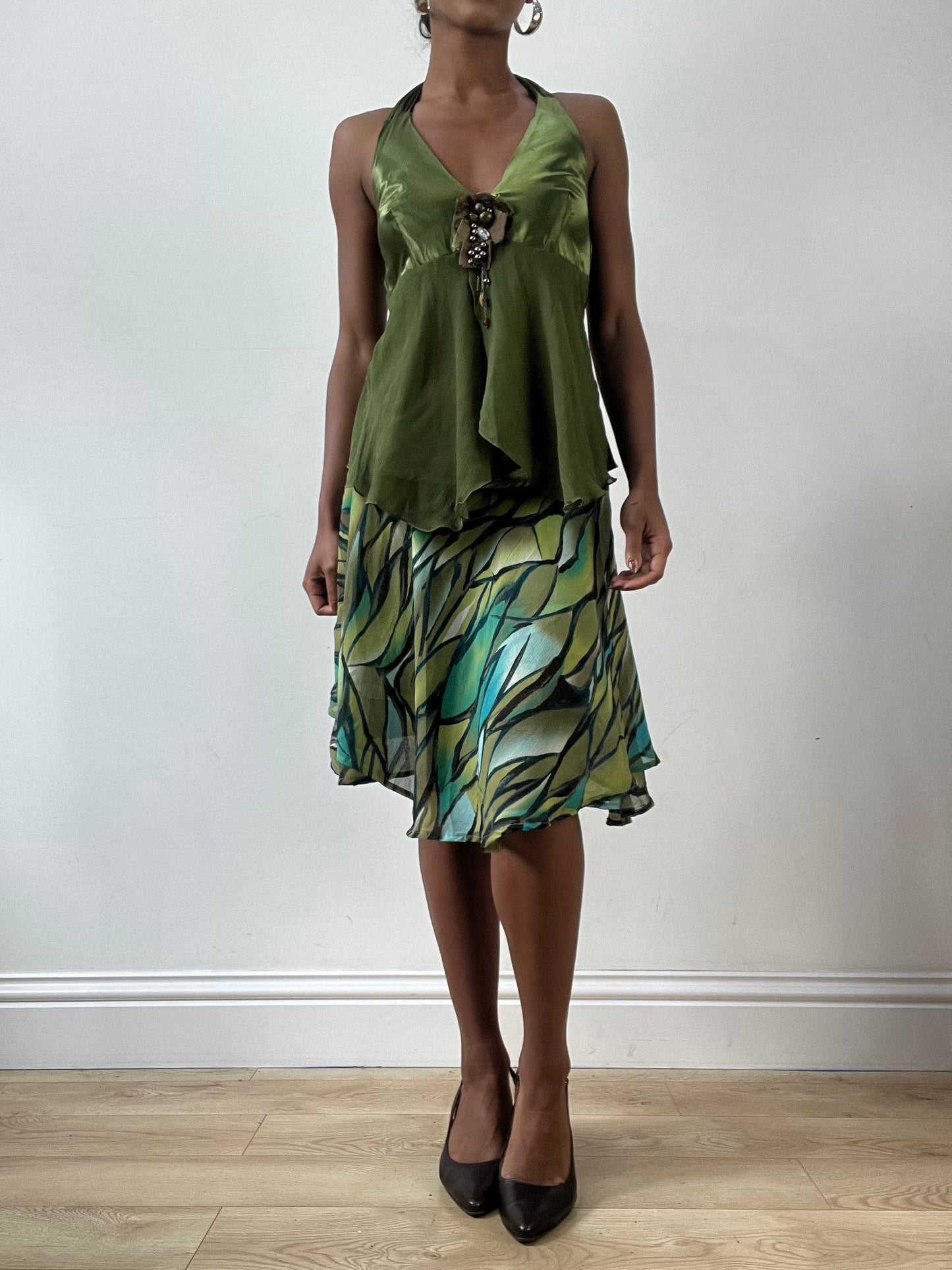 LFW edit | medium green halterneck top with 3D flower detail