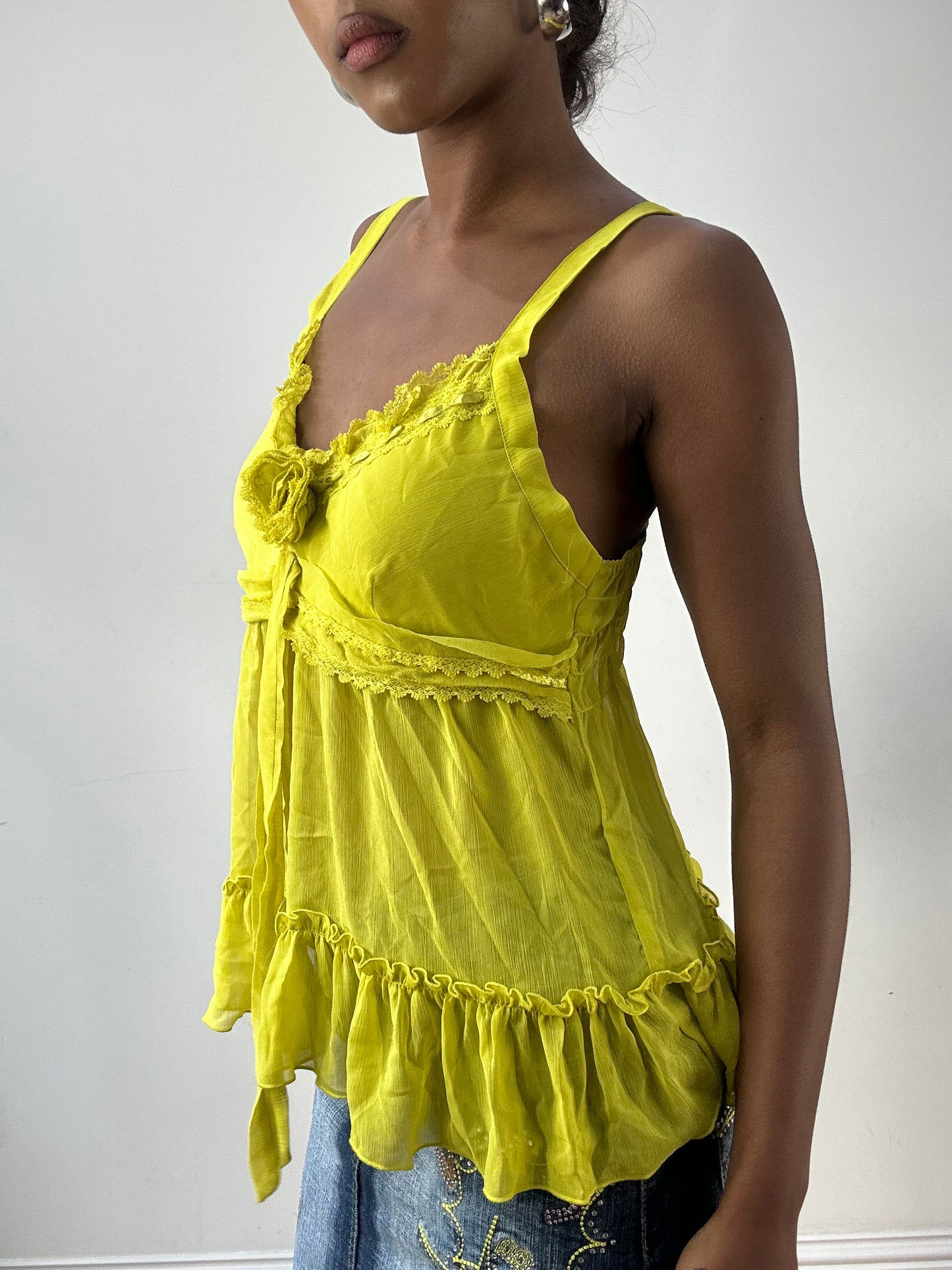 LFW edit | small chartreuse cami top with lace style trim