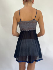 COASTAL COWGIRL DROP |small navy sheer slip dress with grey lace top and navy ribbon