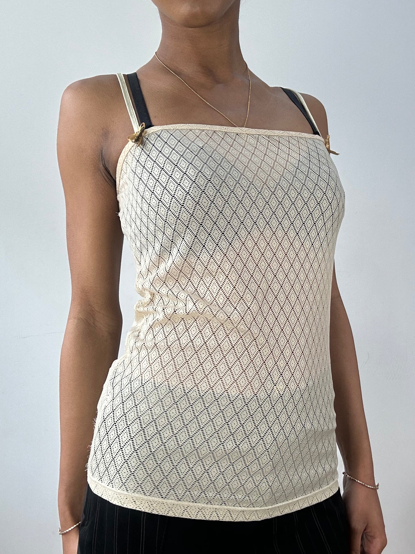 vintage edit fifteen | small beige sheer datch cami top with gold ribbons