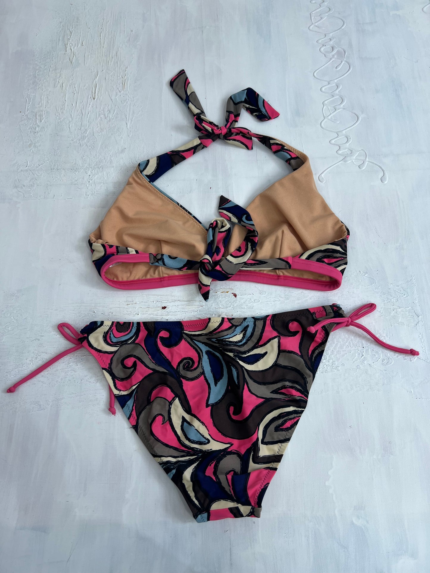 vintage edit thirty | large black and pink halterneck bikini set