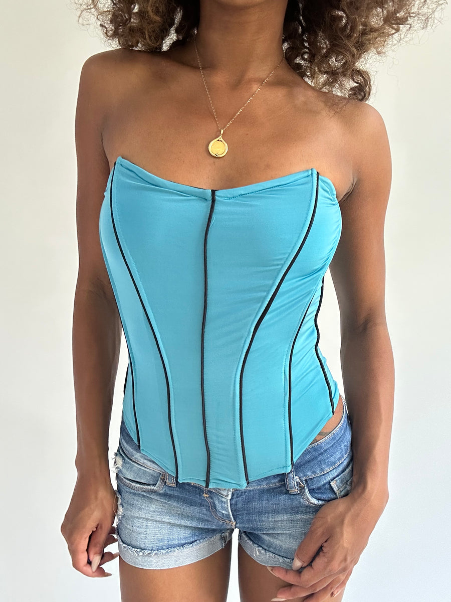 euro trash | medium blue and black contrast seam corset top