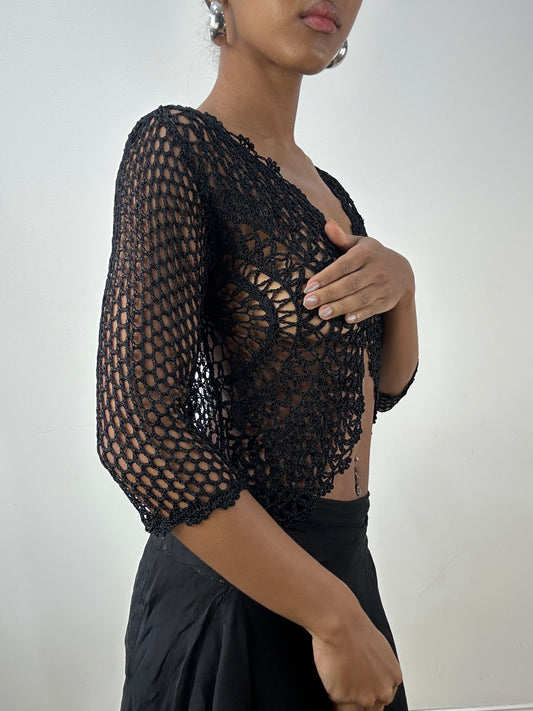 vintage edit: indie sleaze | small black crochet cardigan with button up detail
