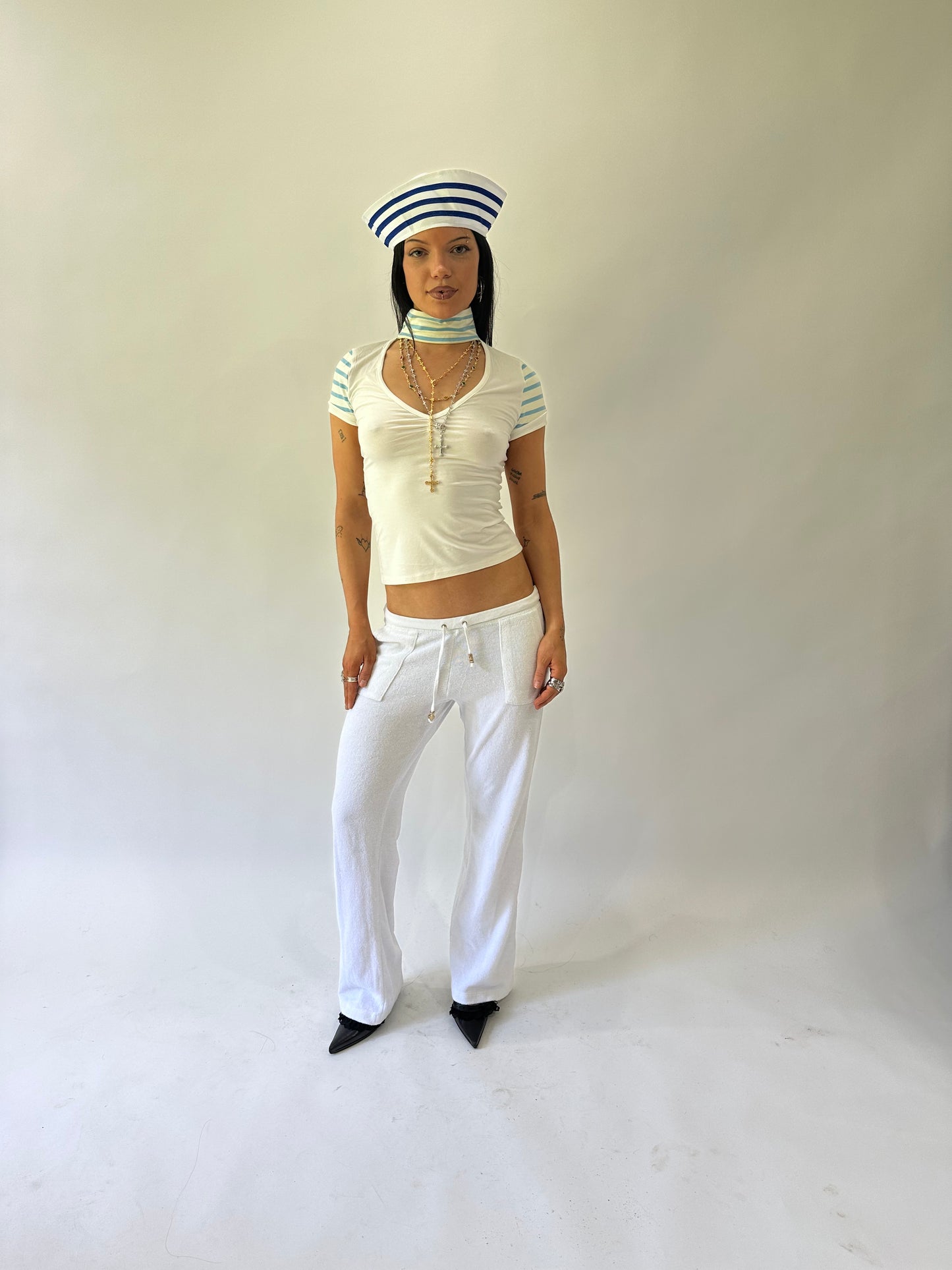 sailor drop | extra small white short sleeve striped top