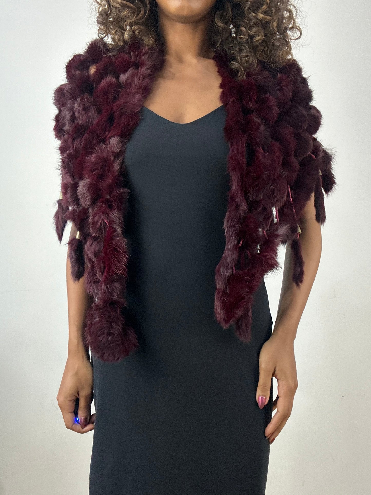 vintage edit thirty-four | small burgundy pom pom faux fur shawl