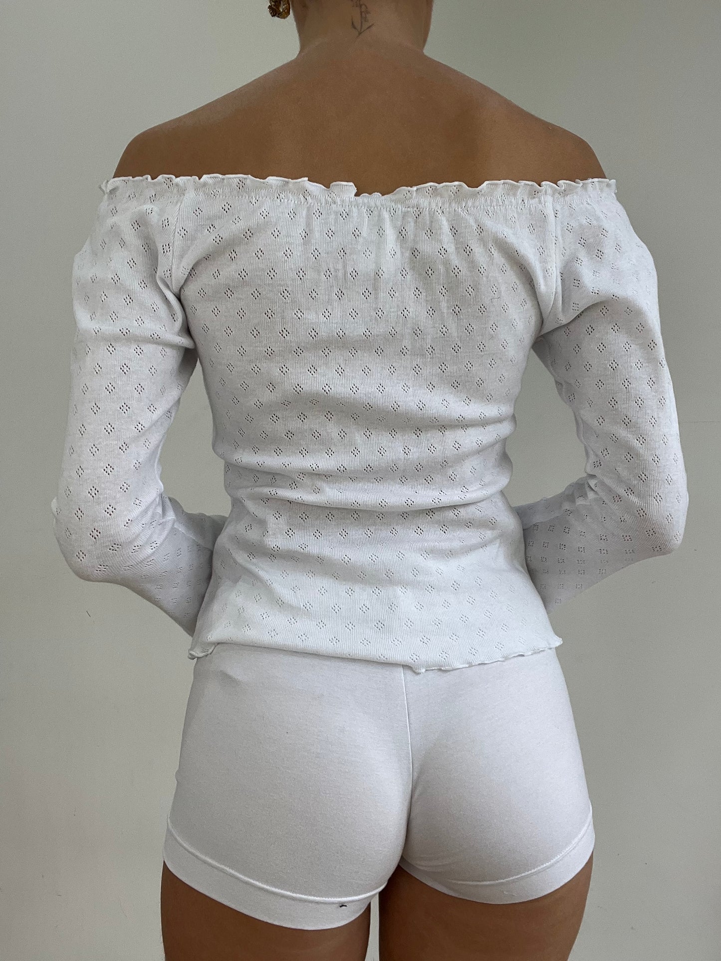 #343 SAMPLE SALE | small white off the shoulder pointelle cardigan