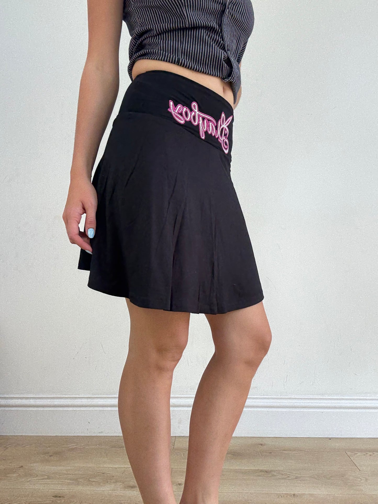 💻‼️ black midi skirt with playboy spell out in pink