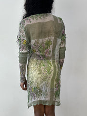 Vintage editar veinticinco | pequeño vestido de encubrimiento de malla verde con estampado floral y abalorios