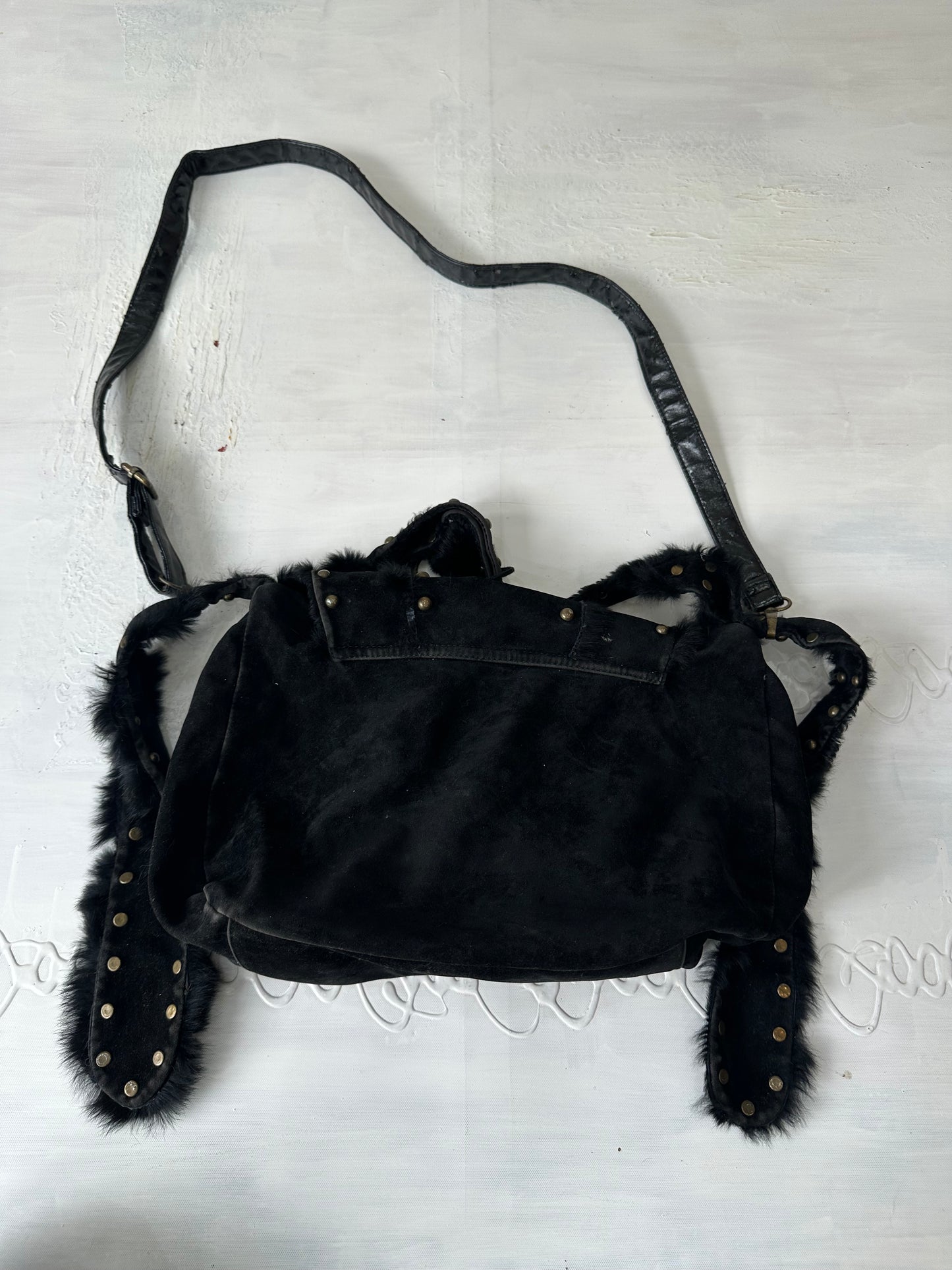 vintage edit twenty-seven | black studded faux fur shoulder bag with pom pom details