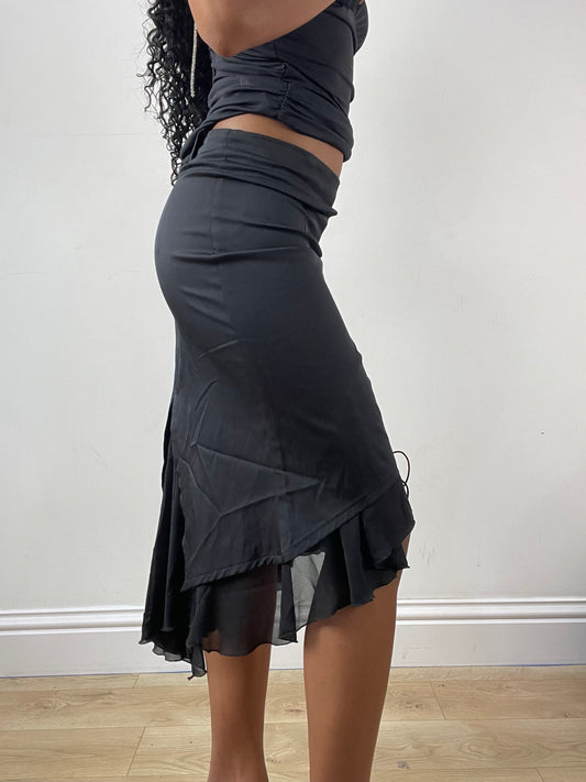vintage edit: festival | small black midi skirt with lace up detail and asymmetric flowy hem