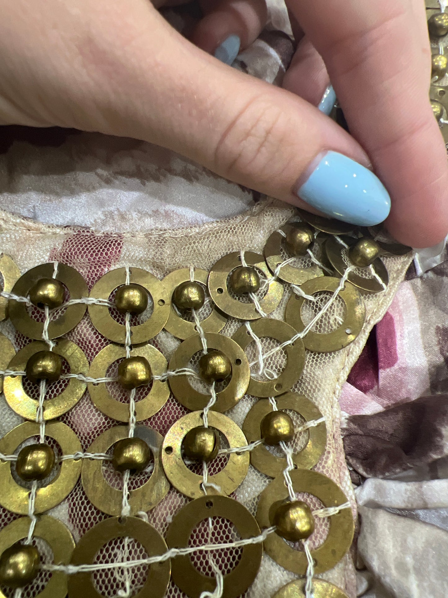 vintage edit twenty eight | small beige and pink halterneck top with beading detail
