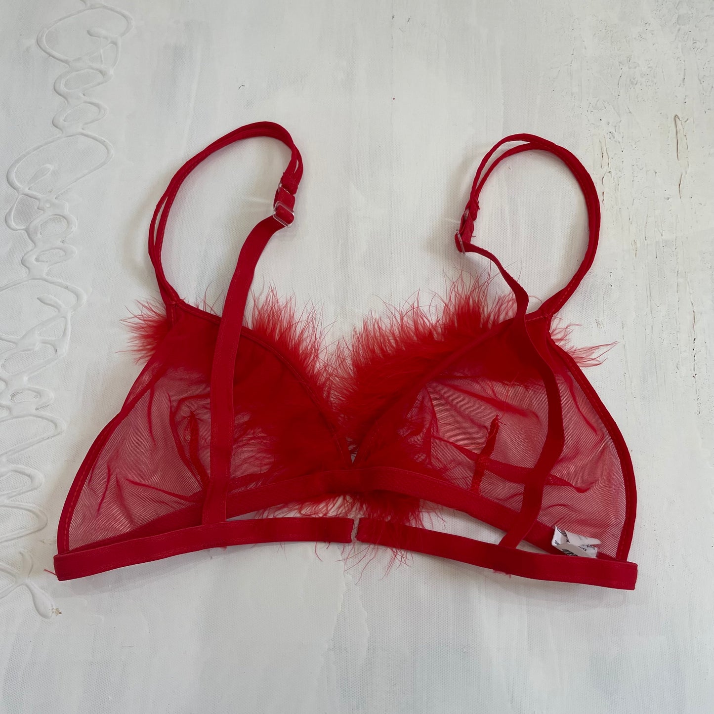 OLIVIA RODRIGO DROP | small red mesh bra with fluffy detail