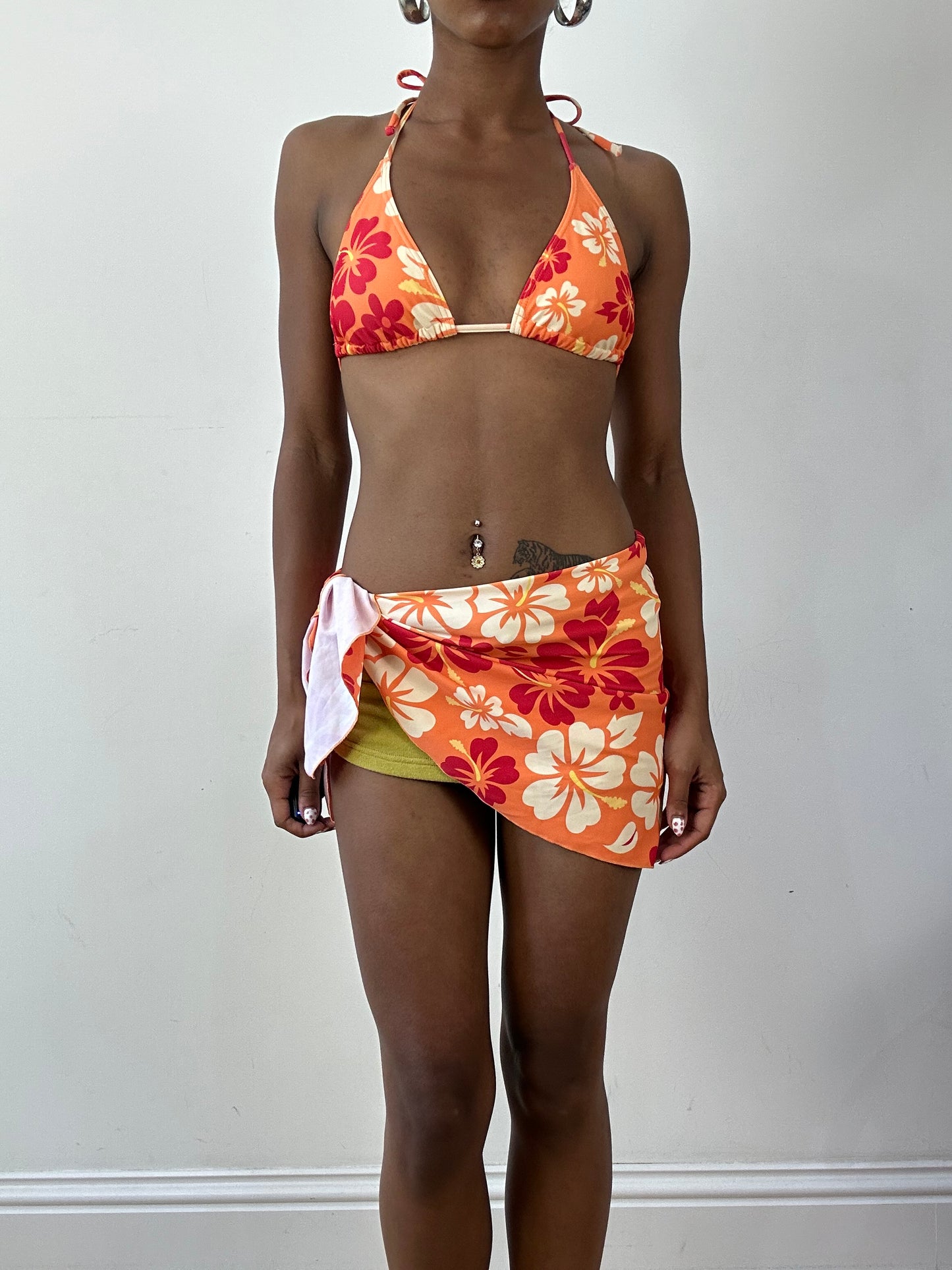 vintage edit twenty-seven | small orange hibiscus print bikini set with matching beach skirt