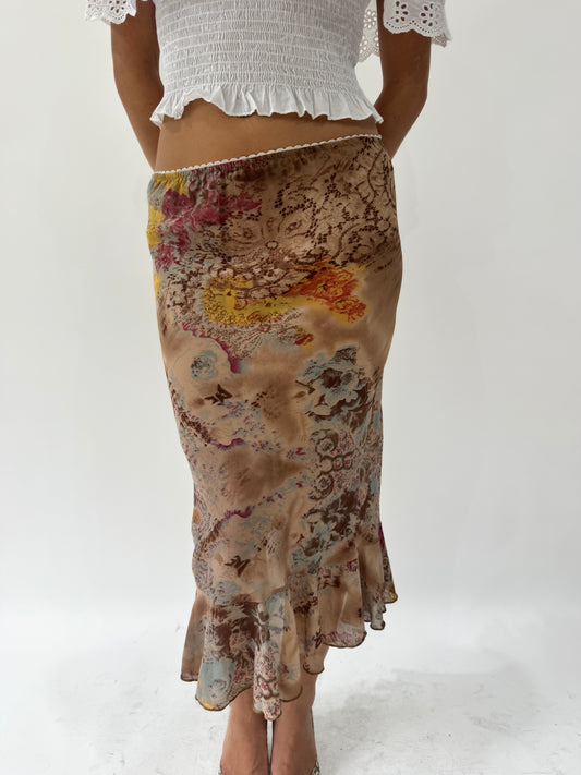french summer drop | extra small/small brown floral midi skirt