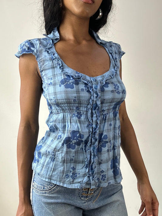 vintage edit twenty-five | small blue checked button up top with floral graphic