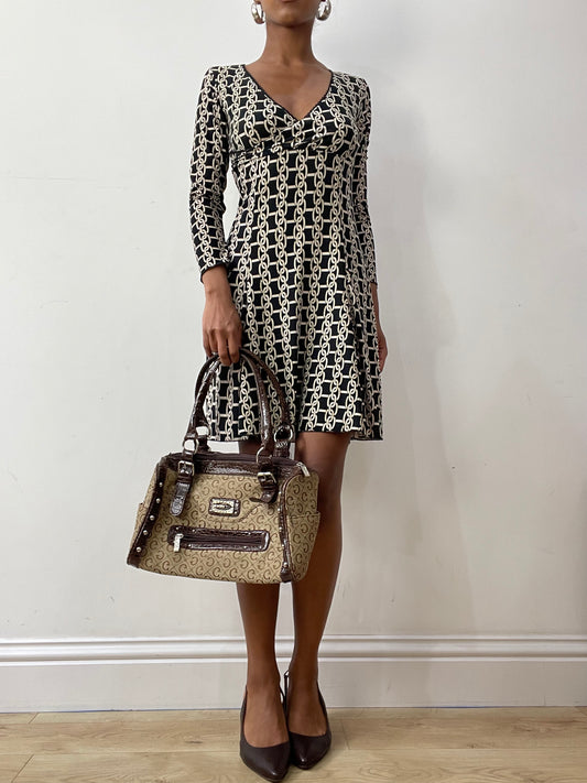 midsummer edit | brown 'G' monogram shoulder bag with faux leather straps