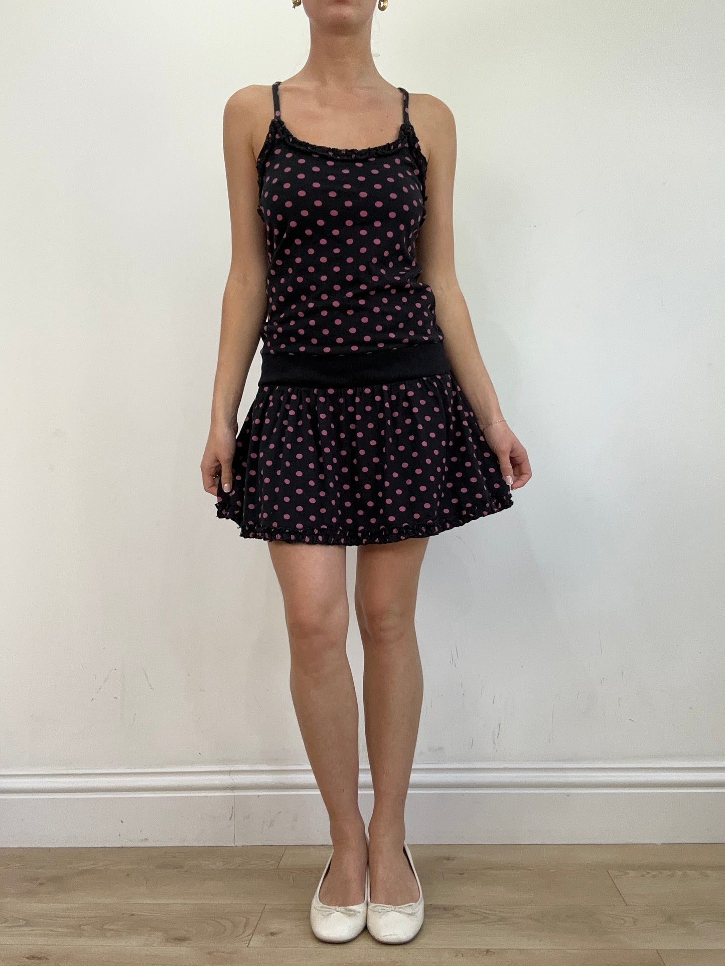 vintage edit twenty | medium navy and pink polka dot dress