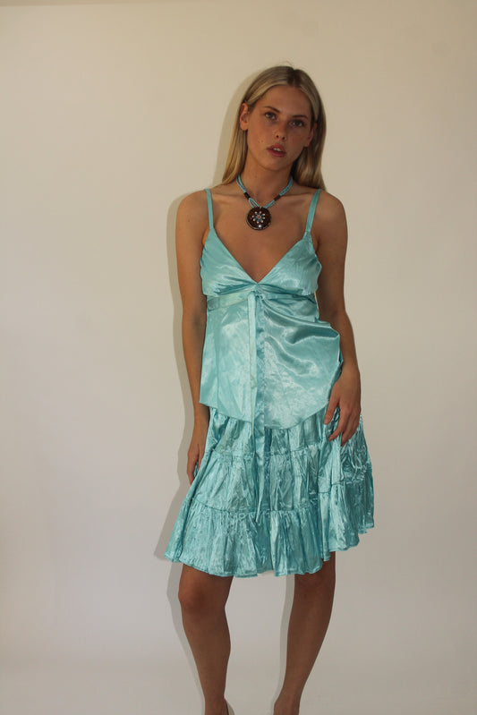 💚aquamarine drop | small aqua blue satin cami top and tiered midi skirt set