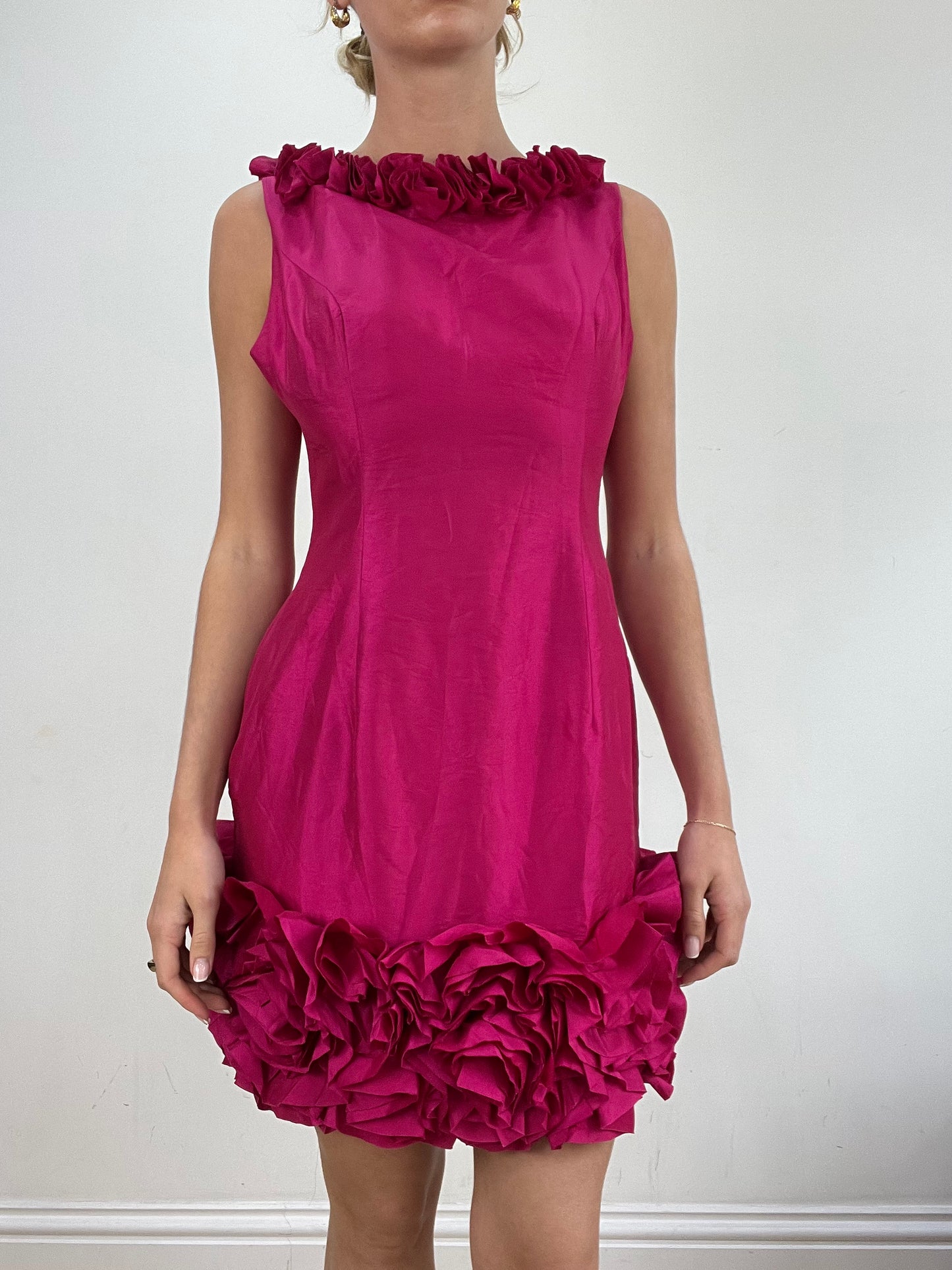 vintage edit: wedding guest | medium pink backless ruffle dress
