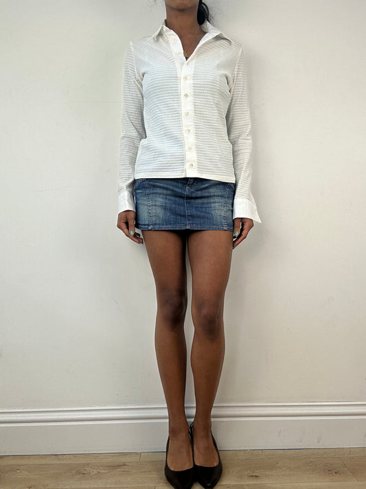 vintage edit: tops | medium white ruched button up shirt