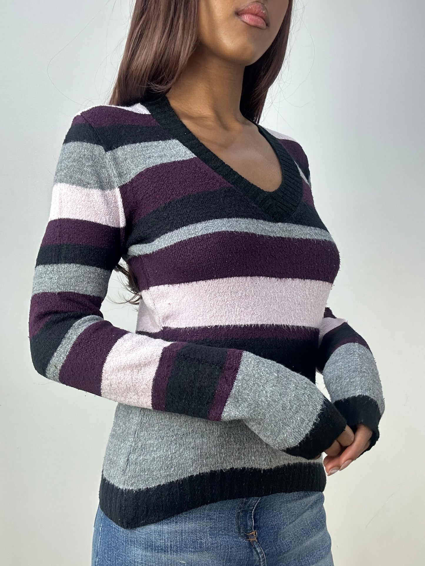 vintage edit thirty-three | small grey and purple knit jumper with stripes