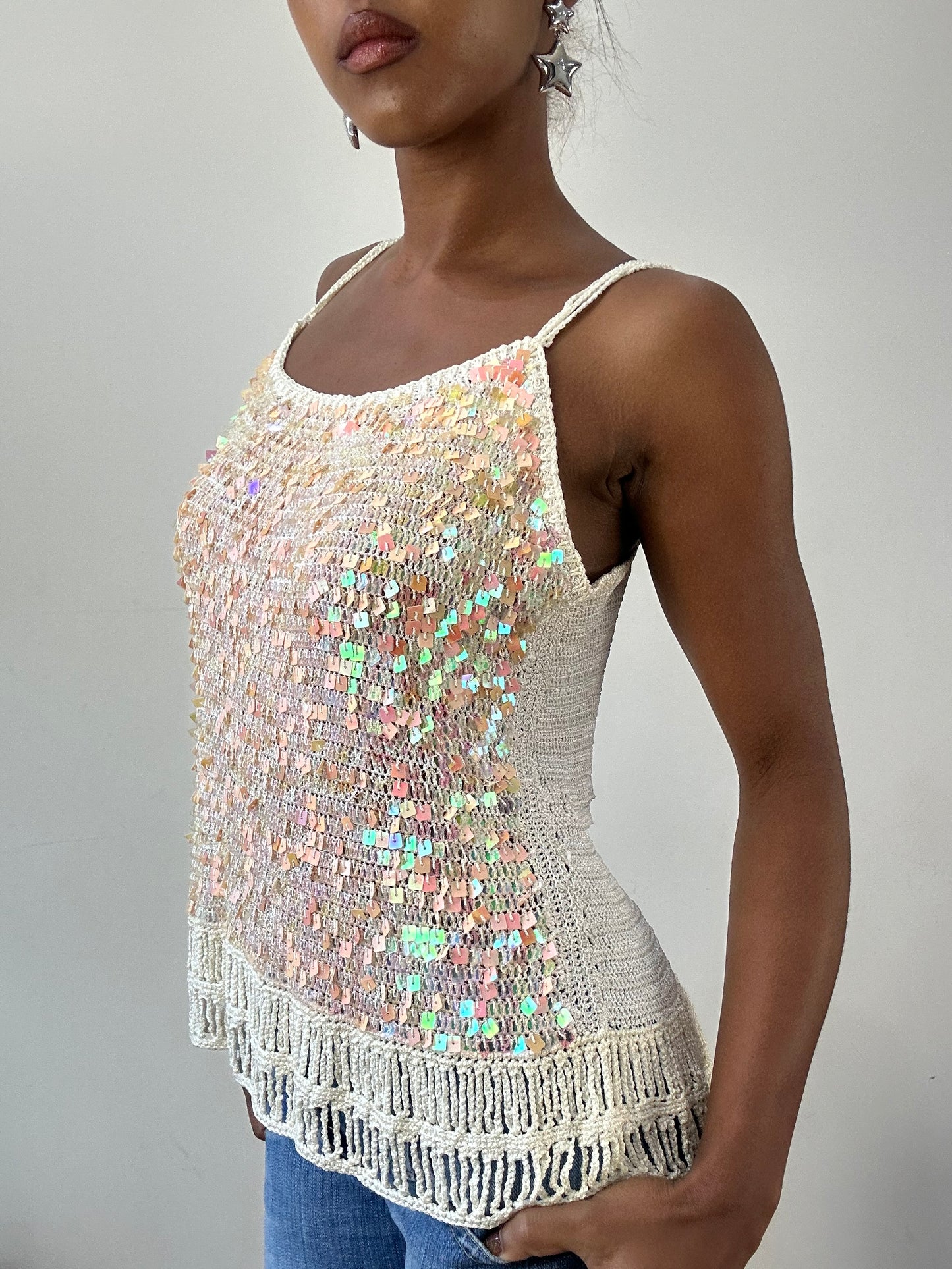 BEST PICKS | medium white sequin and crochet cami top