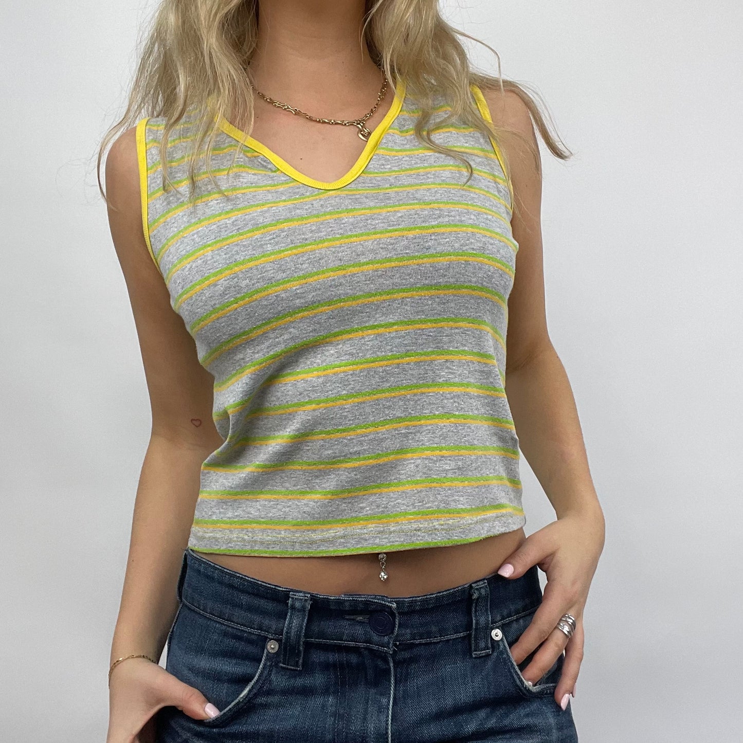 💻LIGHT ACADEMIA DROP | small grey and yellow striped tank top