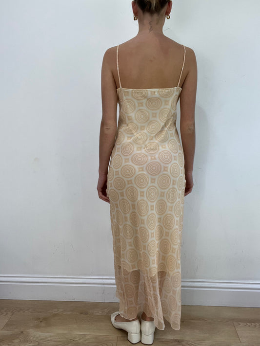 vintage edit: wedding guest | medium yellow maxi dress with circle print
