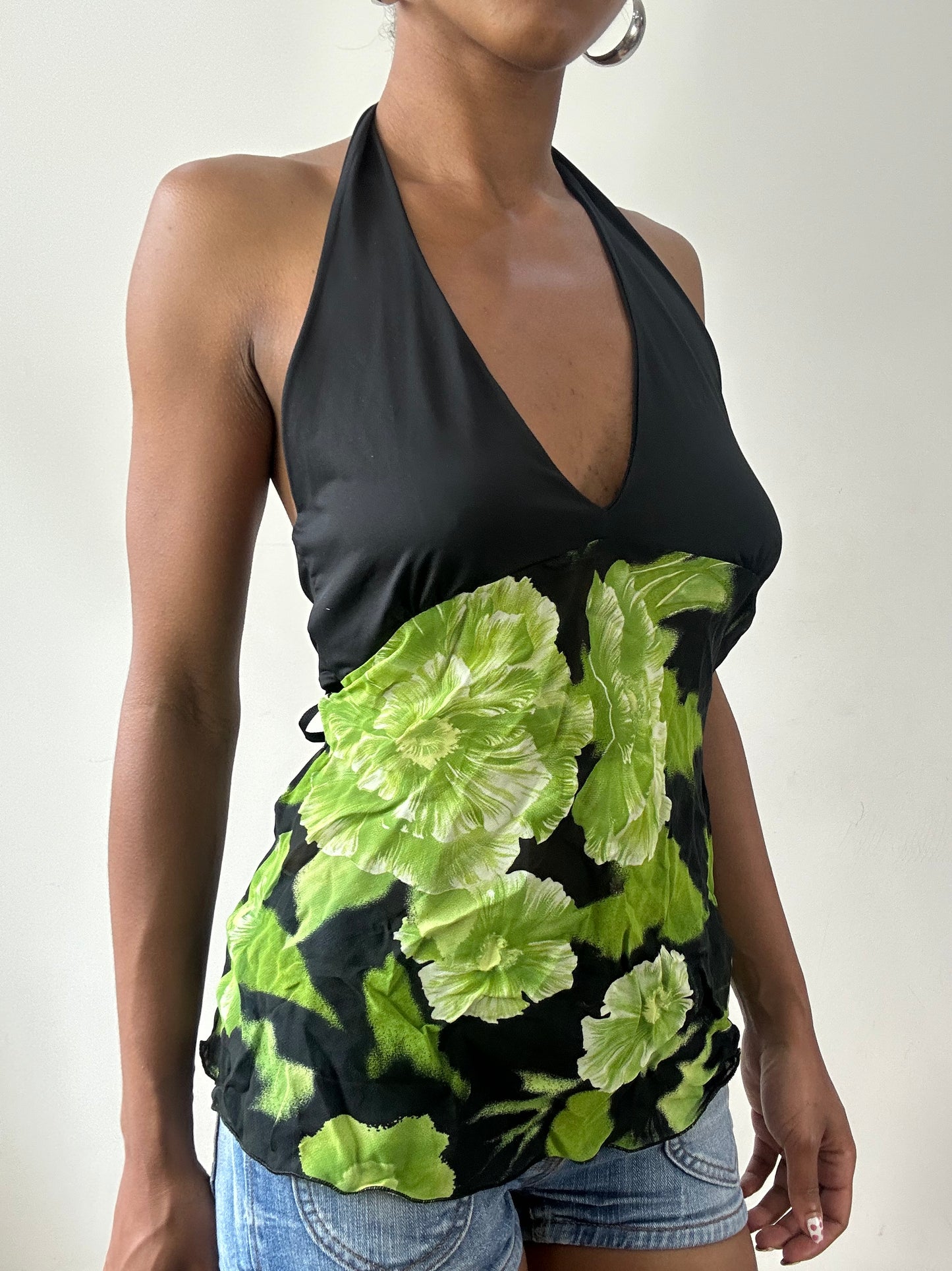 vintage edit twenty-nine | small black halterneck top with green floral print