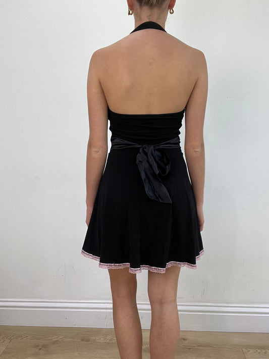 vintage edit: wedding guest | small black halter neck dress with pink lace detailing