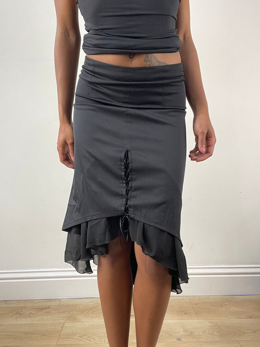 vintage edit: festival | small black midi skirt with lace up detail and asymmetric flowy hem