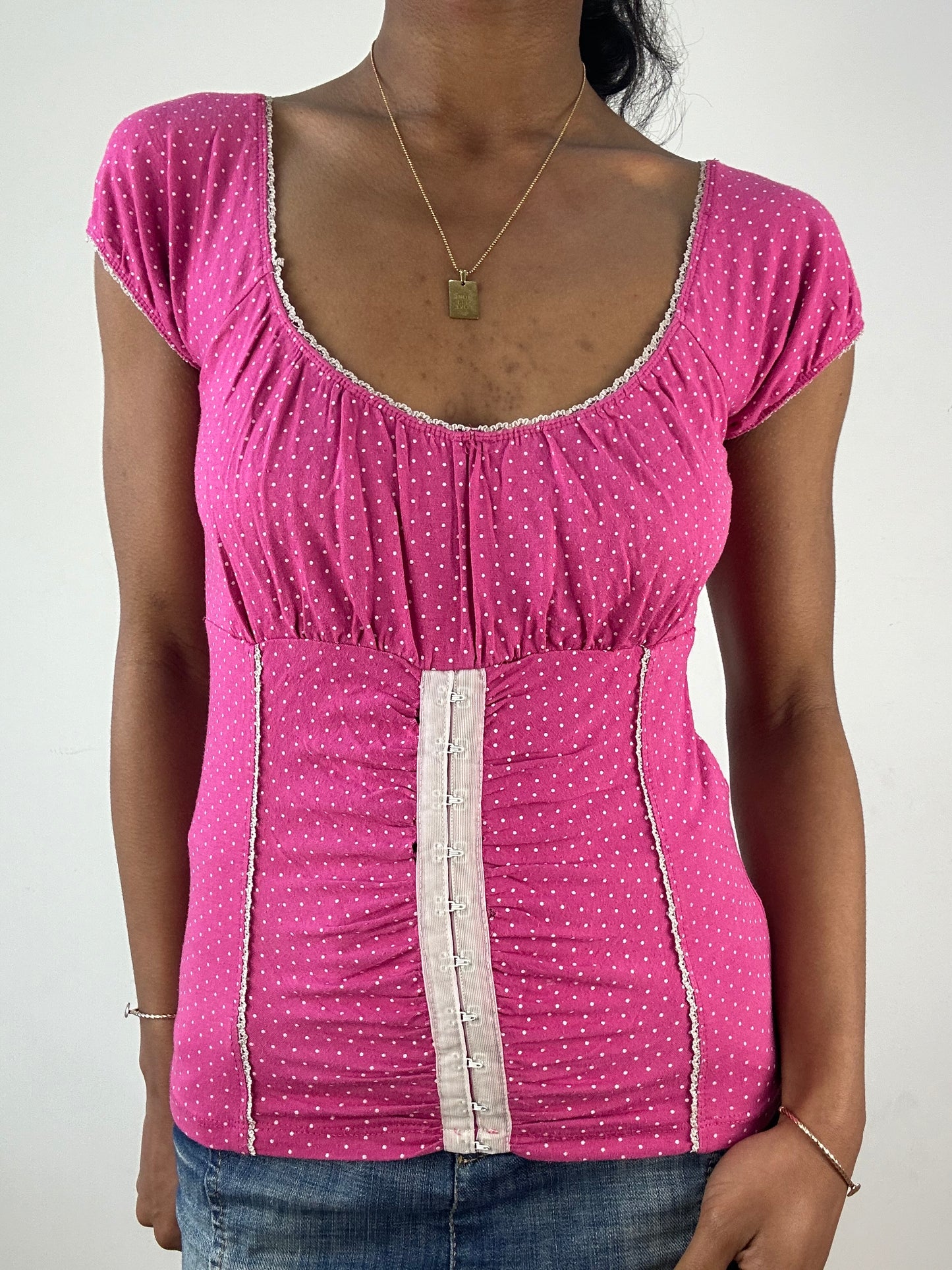vintage edit: tops | medium pink and white polka dot milkmaid style top