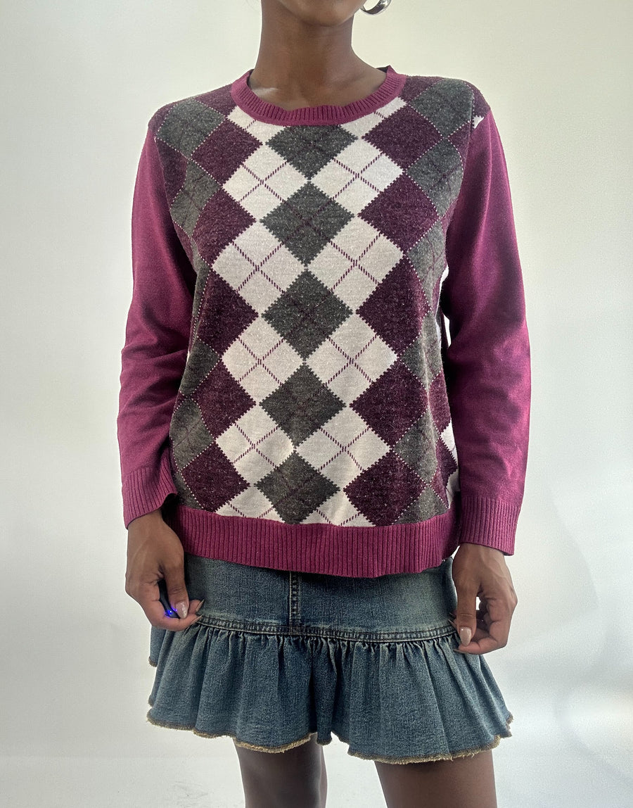 AUTUMN FAVOURITES | talla: S · color: morado + gris · prenda: jersey · detalles: rombos + estampado