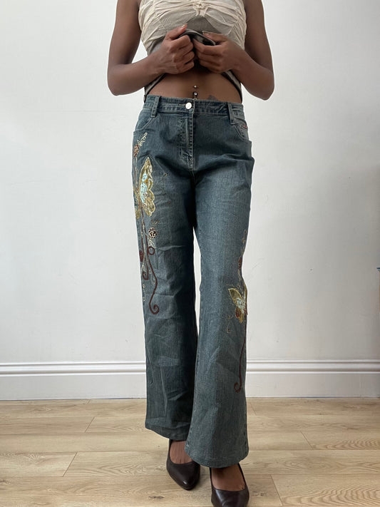 LFW edit | medium blue denim jeans with gold butterfly embroidery and rhinestones