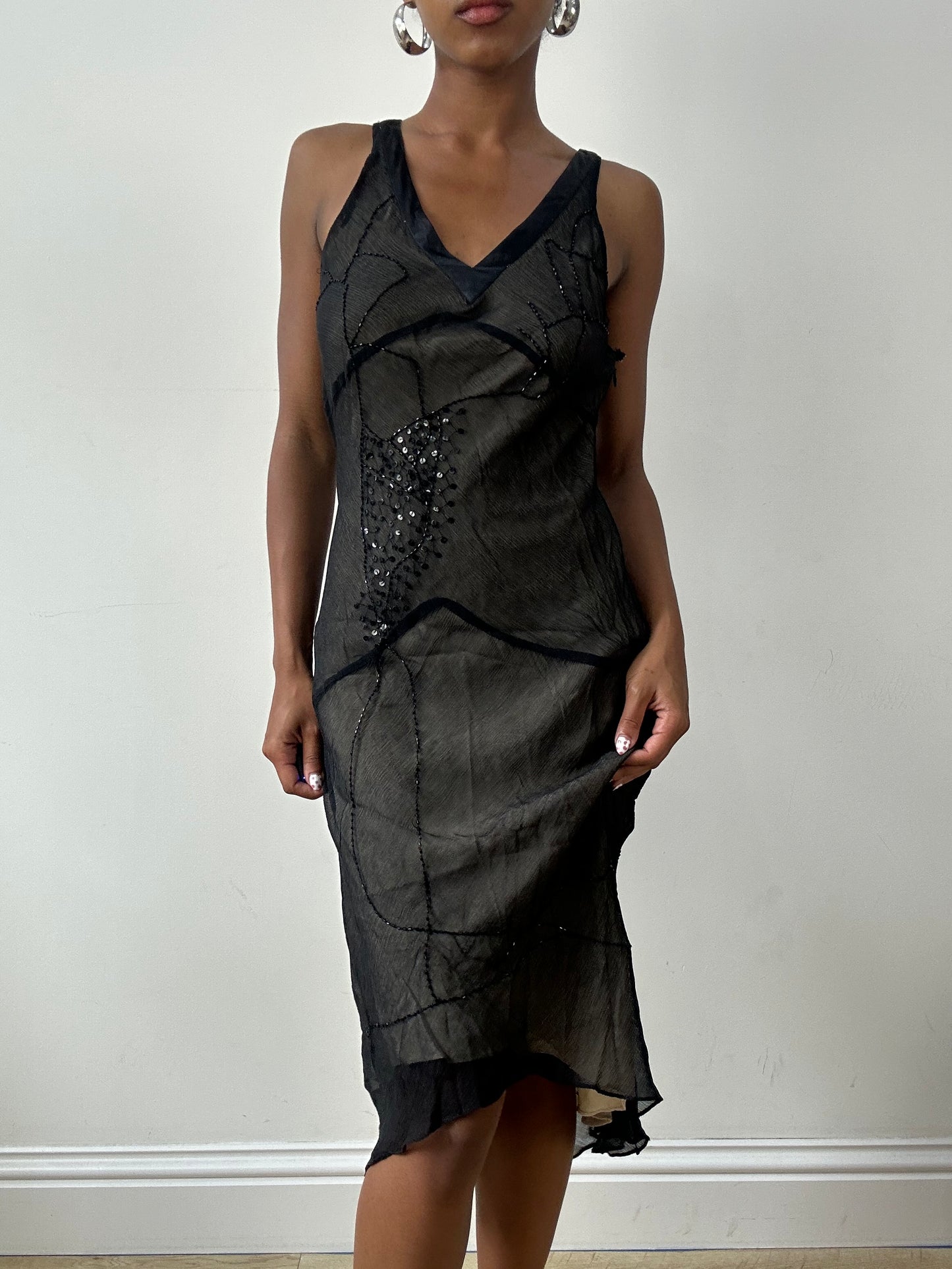 vintage edit twenty-nine | small black silk mesh overlay midi dress