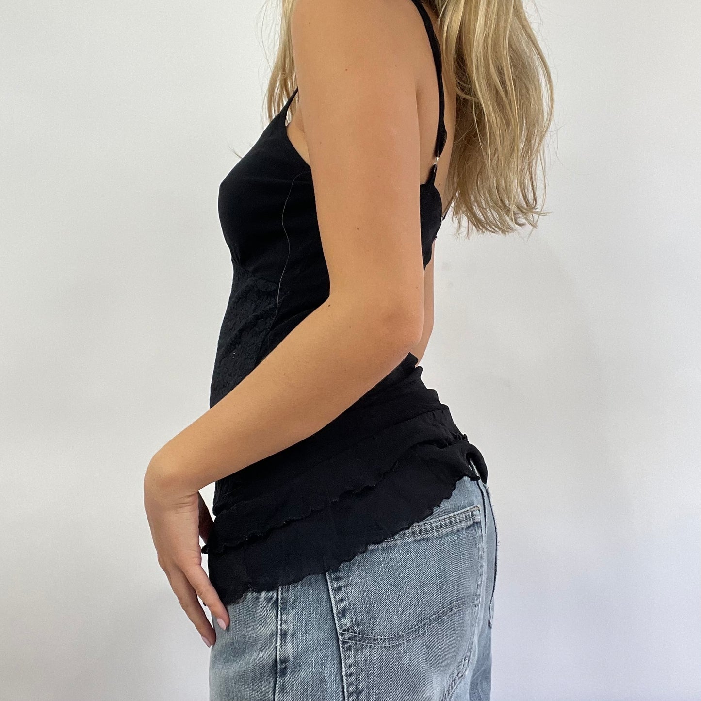 GRUNGE COQUETTE DROP | small black sparkly ruffle top