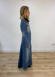 medium denim coat with faux fur collar