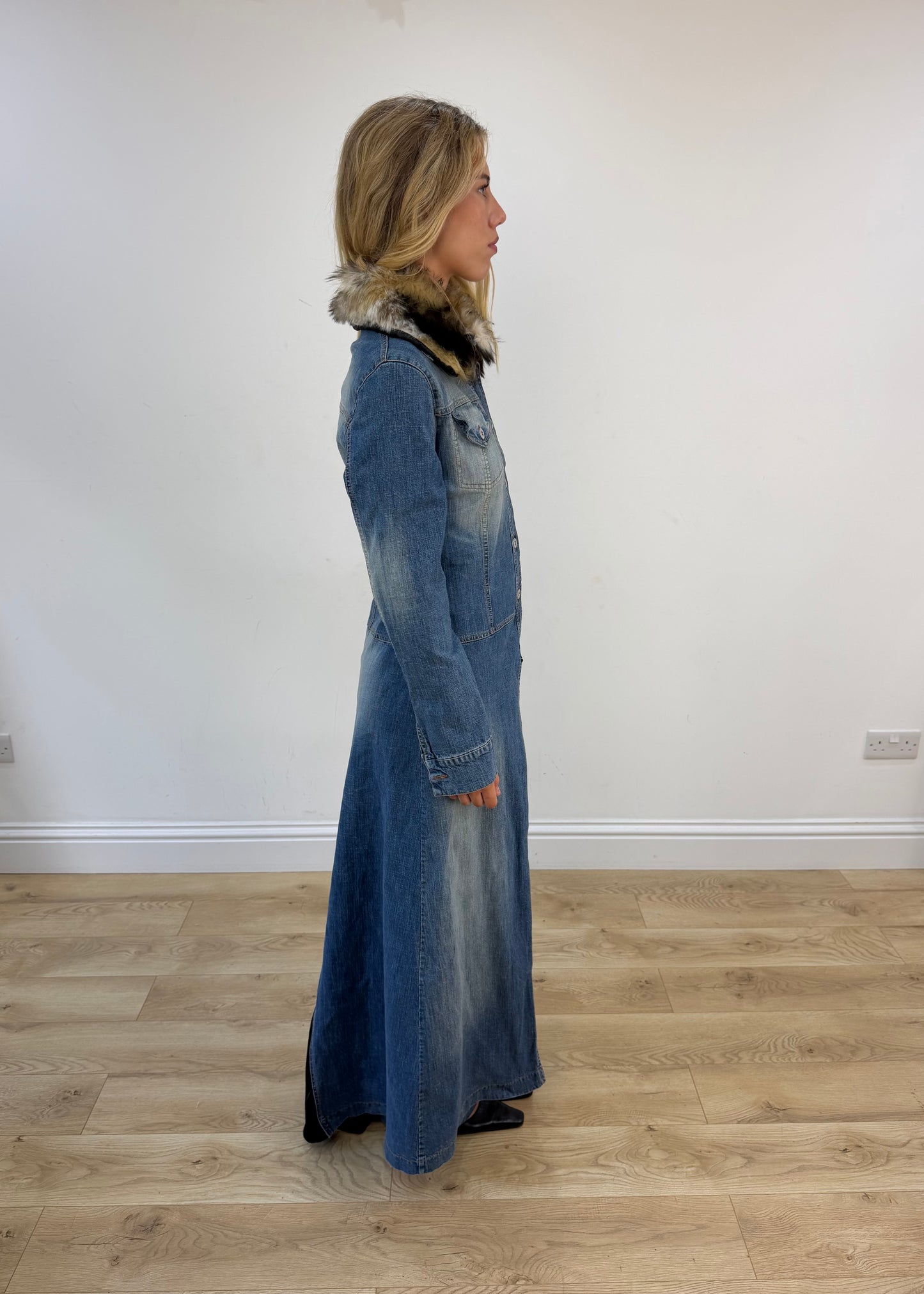 medium denim coat with faux fur collar