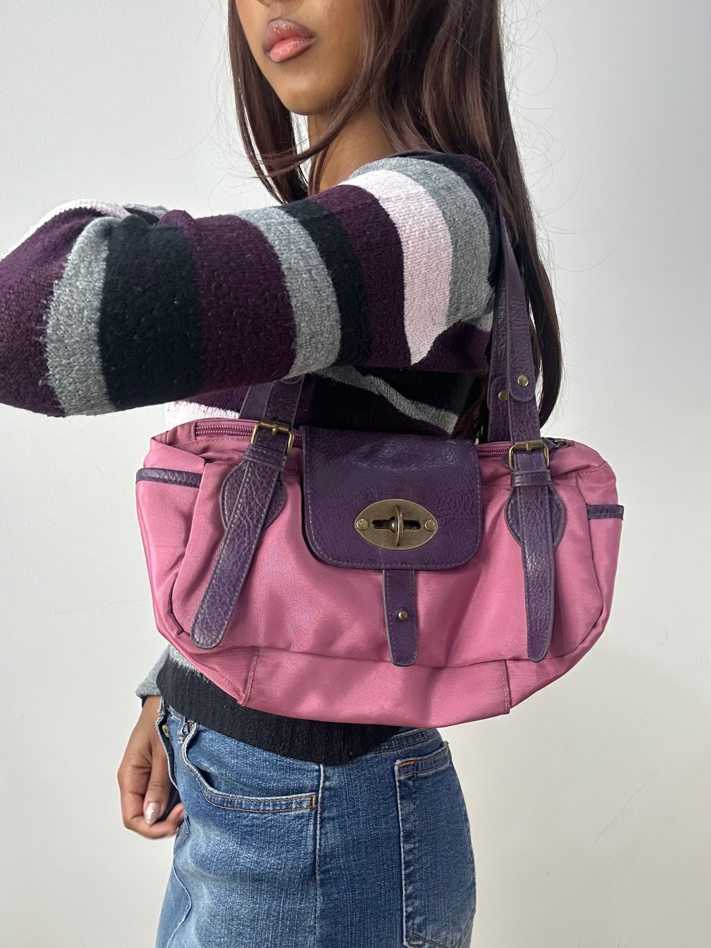 vintage edit thirty-three | pink shoulder bag with purple faux leather detail