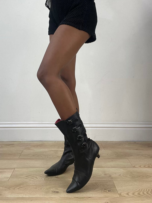 LFW edit | UK6 black killah heeled boots with buckle strap details