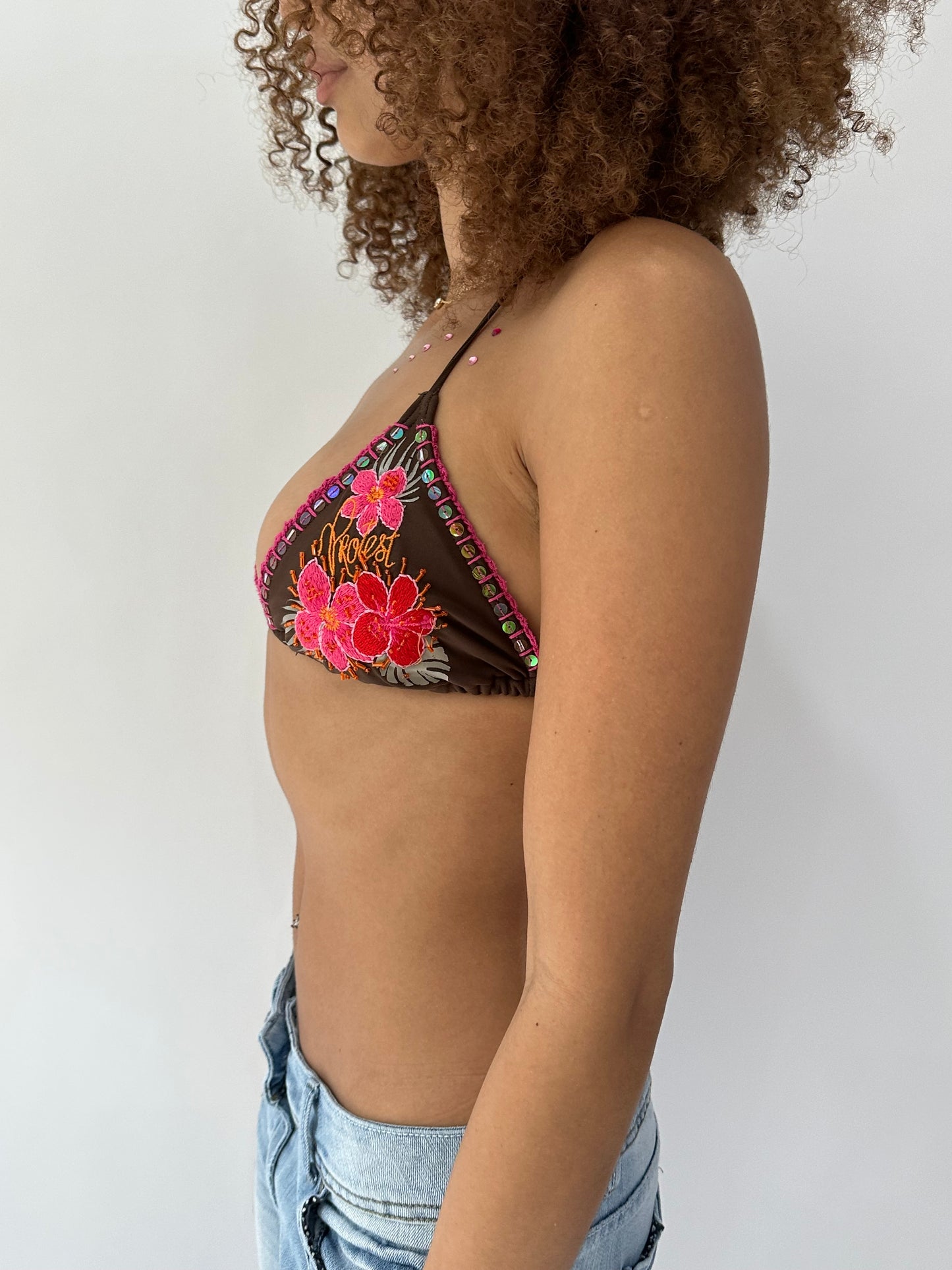 festival drop | small brown and pink embroidered bikini top