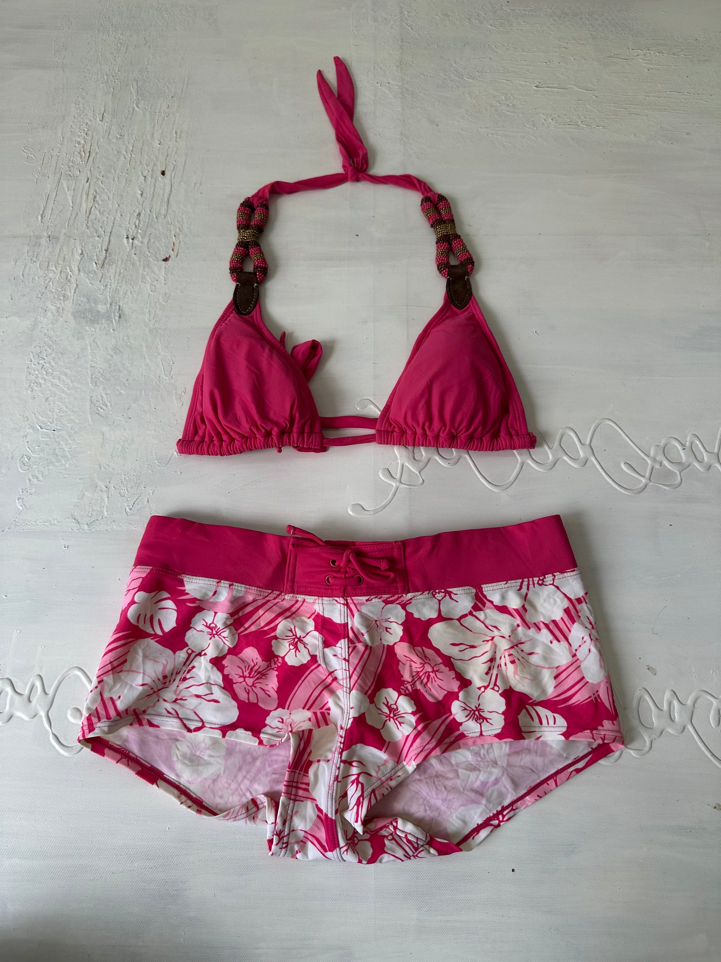 vintage edit twenty-seven | small pink beaded bikini top and hibiscus swim shorts